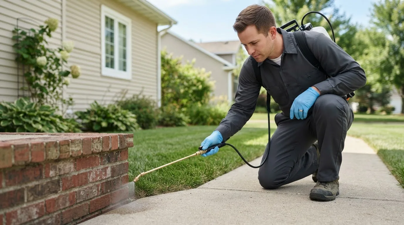 Pest control technician treating a home near Newcomerstown, OH