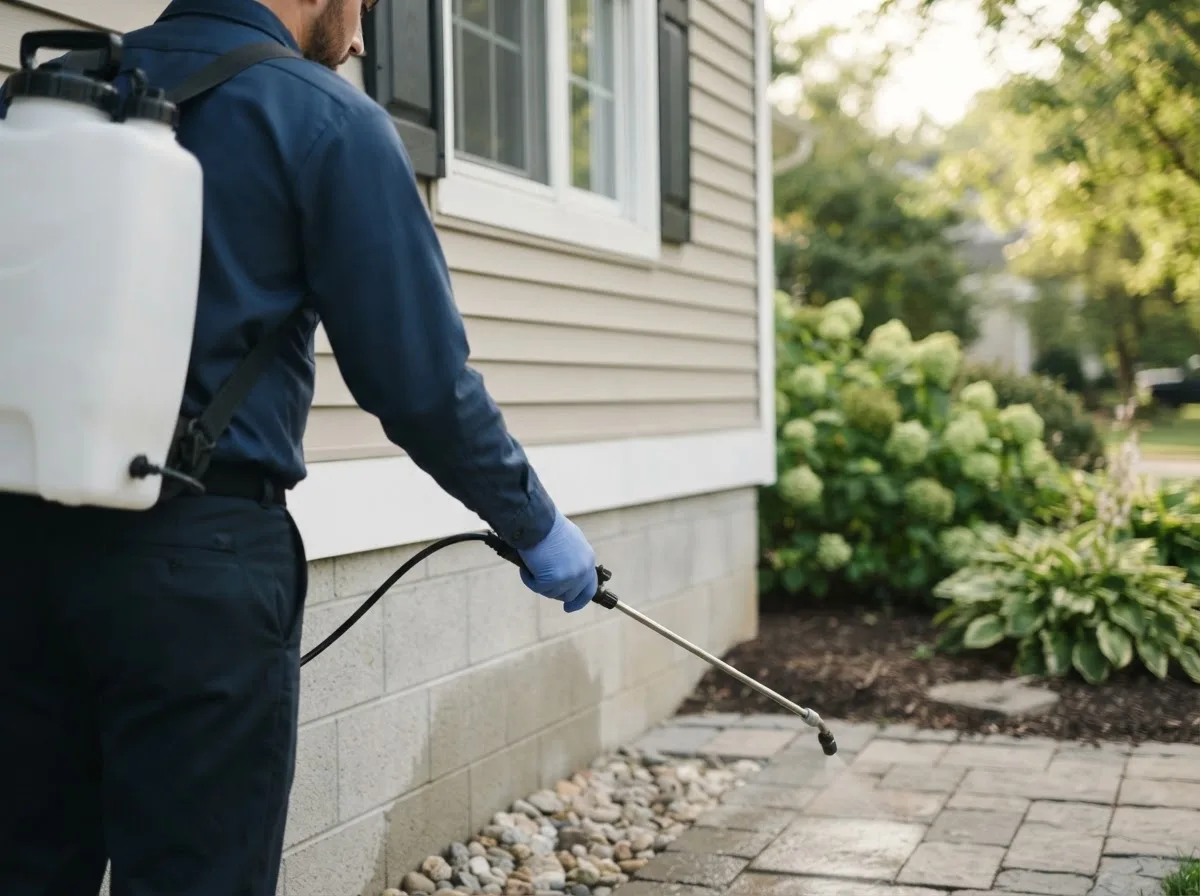 Pest control technician inspecting a home in Newcomerstown, OH